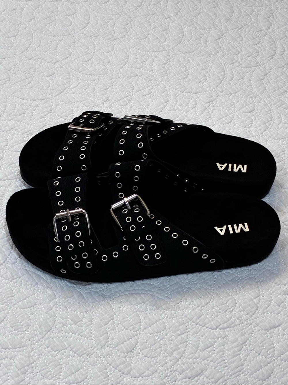 MIA Brooklyn Sandals Black Goth Punk Grommet Studded Double Buckle Footbed 9 NWT
